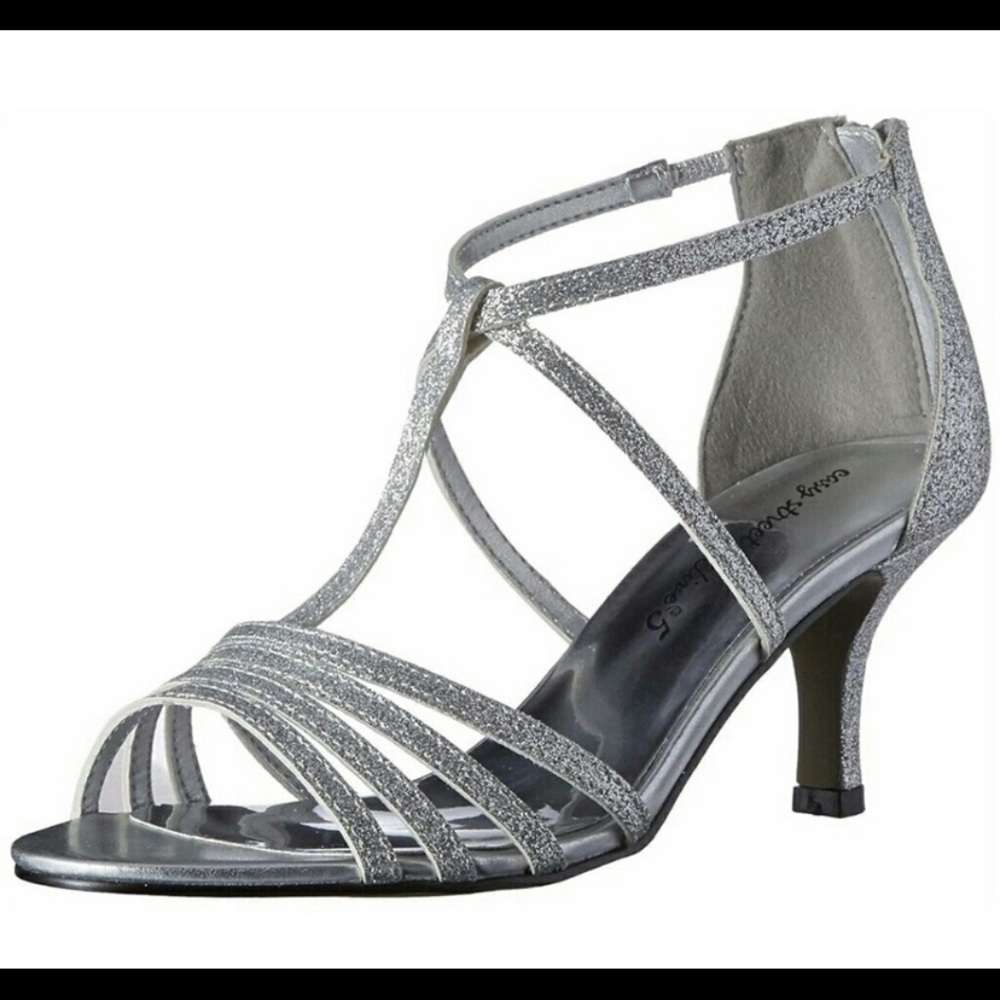 Sliver, glittery, strappy heels